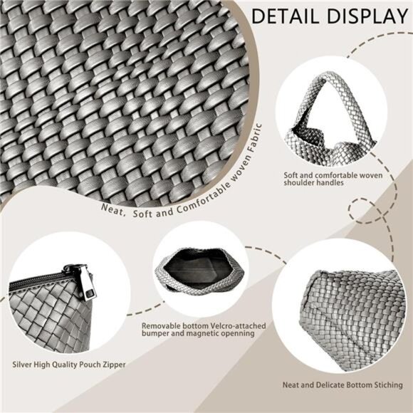 Woven Tote Bag for Women B - Silver - Picture 5 of 6